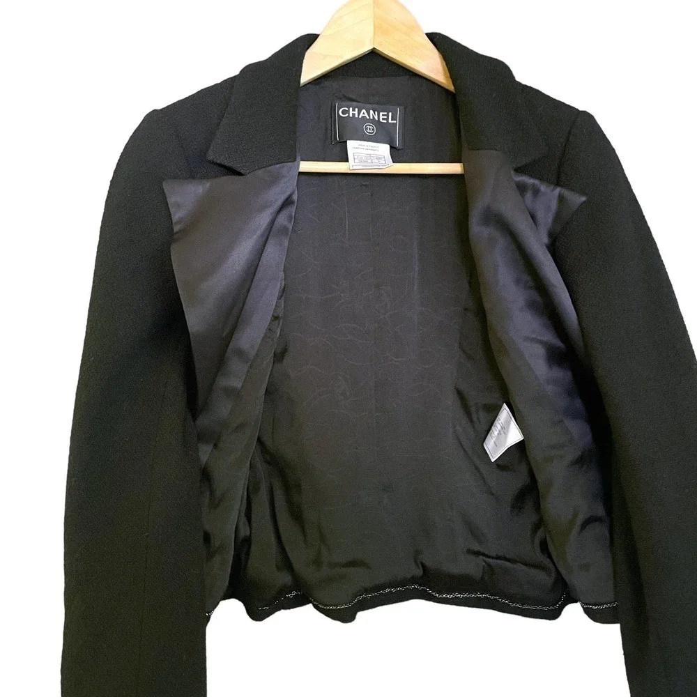 CHANEL Vintage Boucle Black Wool Dinner Jacket Cropped Blazer Archival 2003